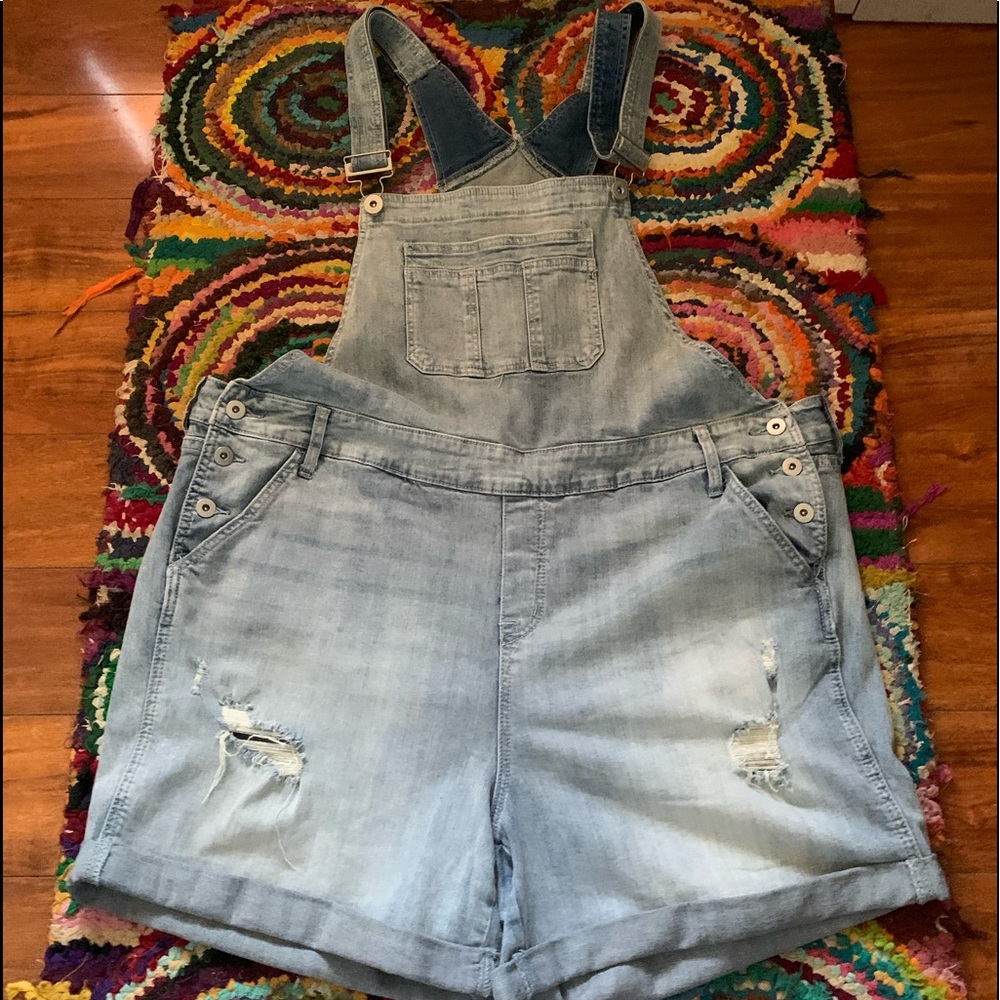 Distressed Torrid Overall Shorts, Light Wash